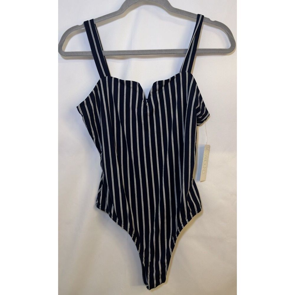 Abound Womens Bodysuit Sleeveless Knit‎ Stretch Mock Neck Striped  Navy White Sm